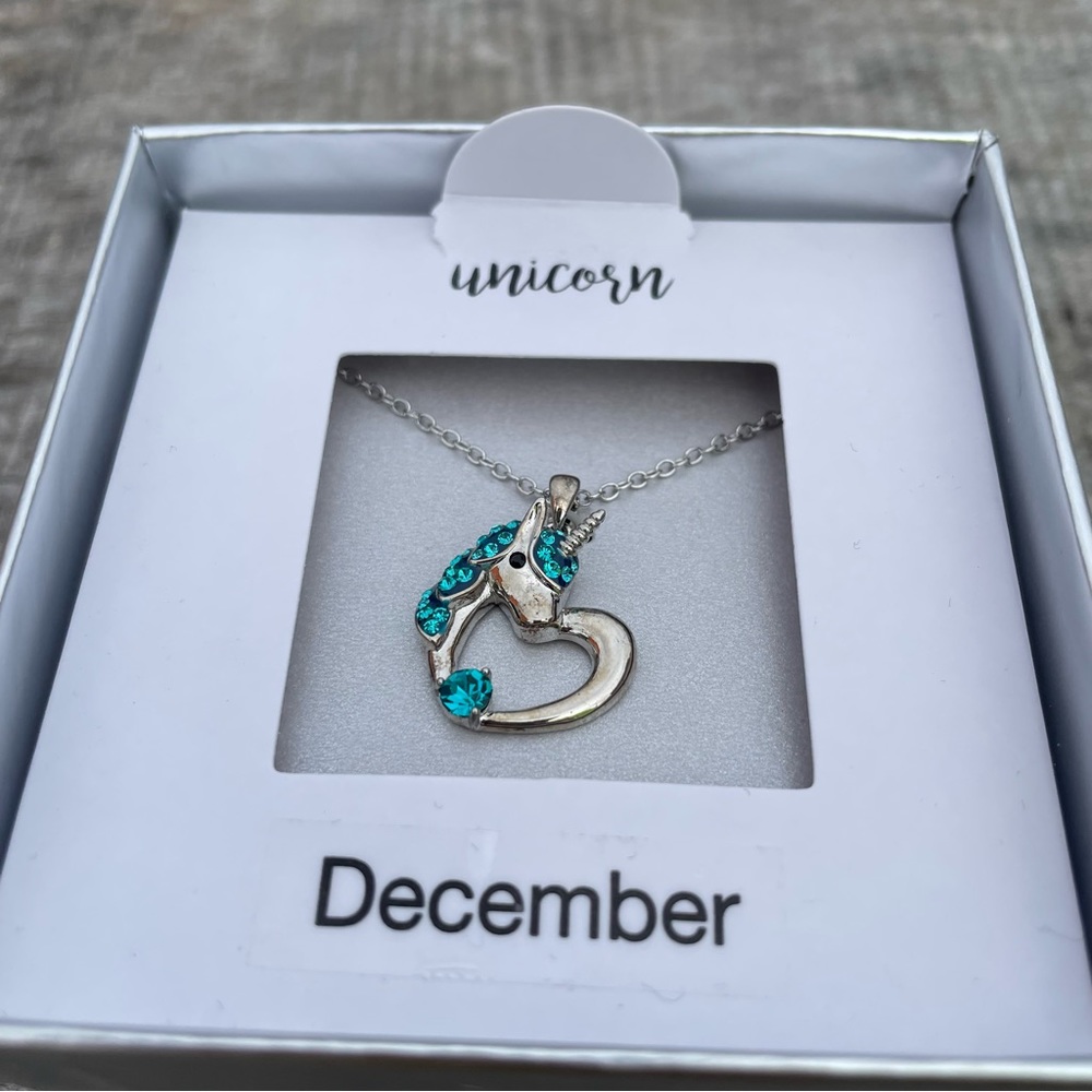 December turquoise blue and silver heart unicorn necklace - Picture 3 of 6